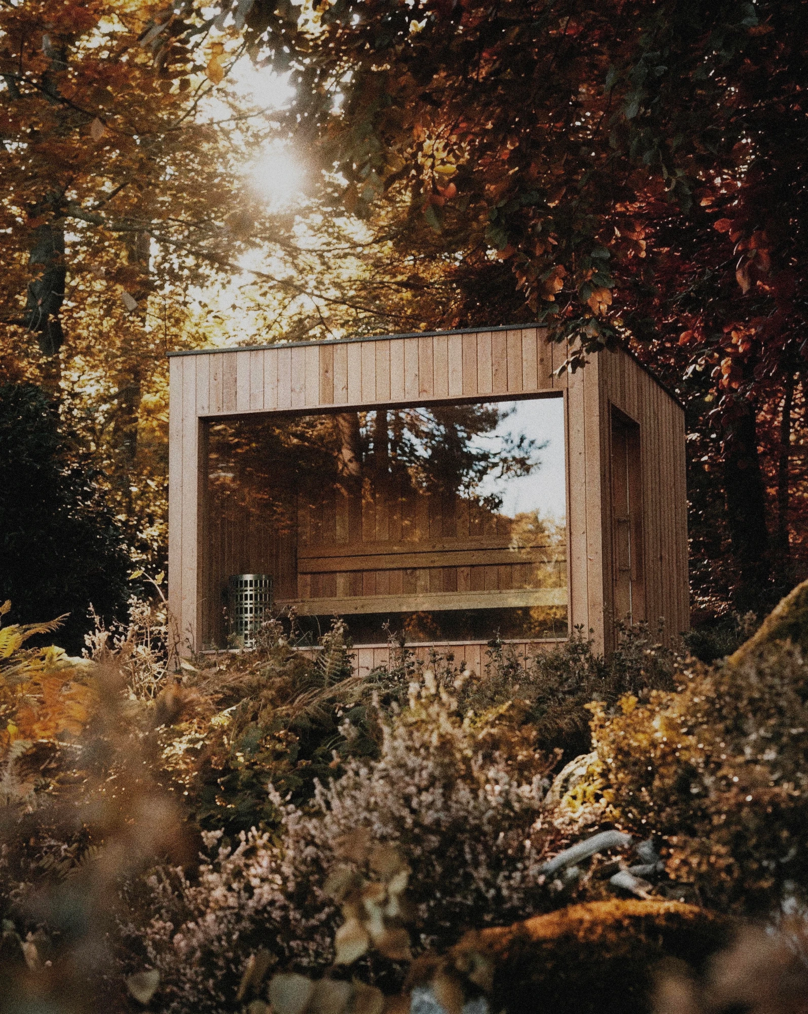 NAYELI sauna, glass front reflecting the autumn forest